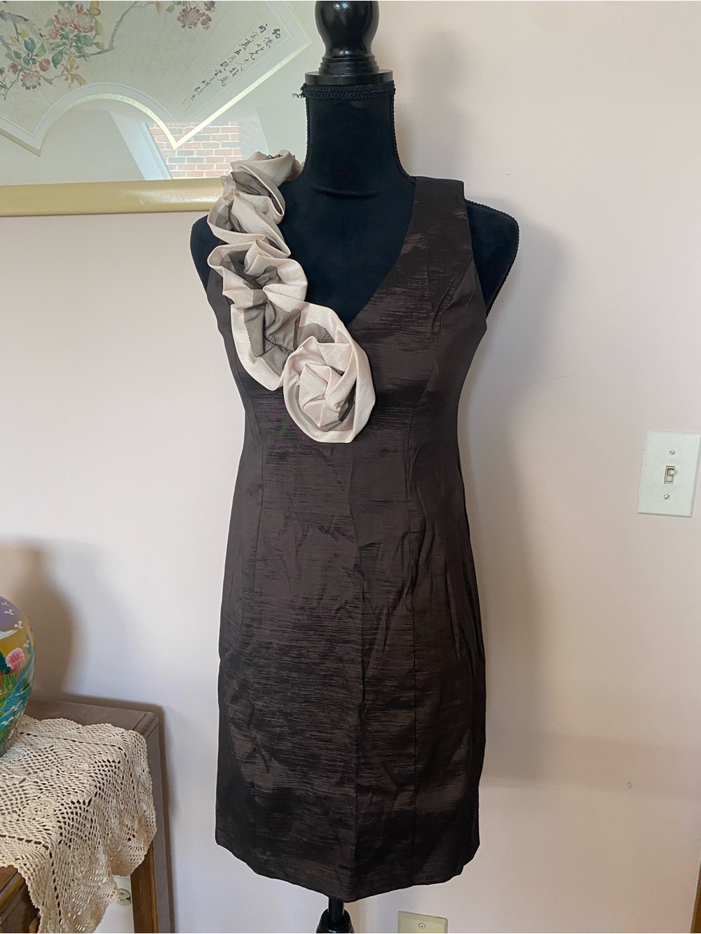S.L. Fashions Chocolate Brown Mini Dress with Cream Rosette Detail
